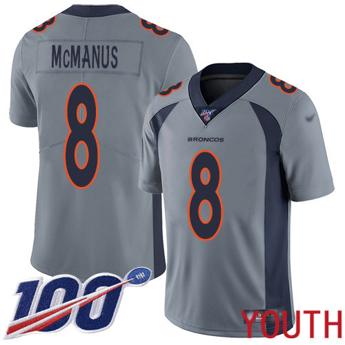 Youth Denver Broncos #8 Brandon McManus Limited Silver Inverted Legend 100th Season Football NFL Jersey